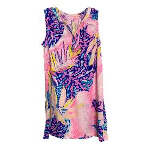 Lilly Pulitzer Girl's Dress Sz L (8-10) Pink Pastel Palm Tree Sleeveless V-Neck